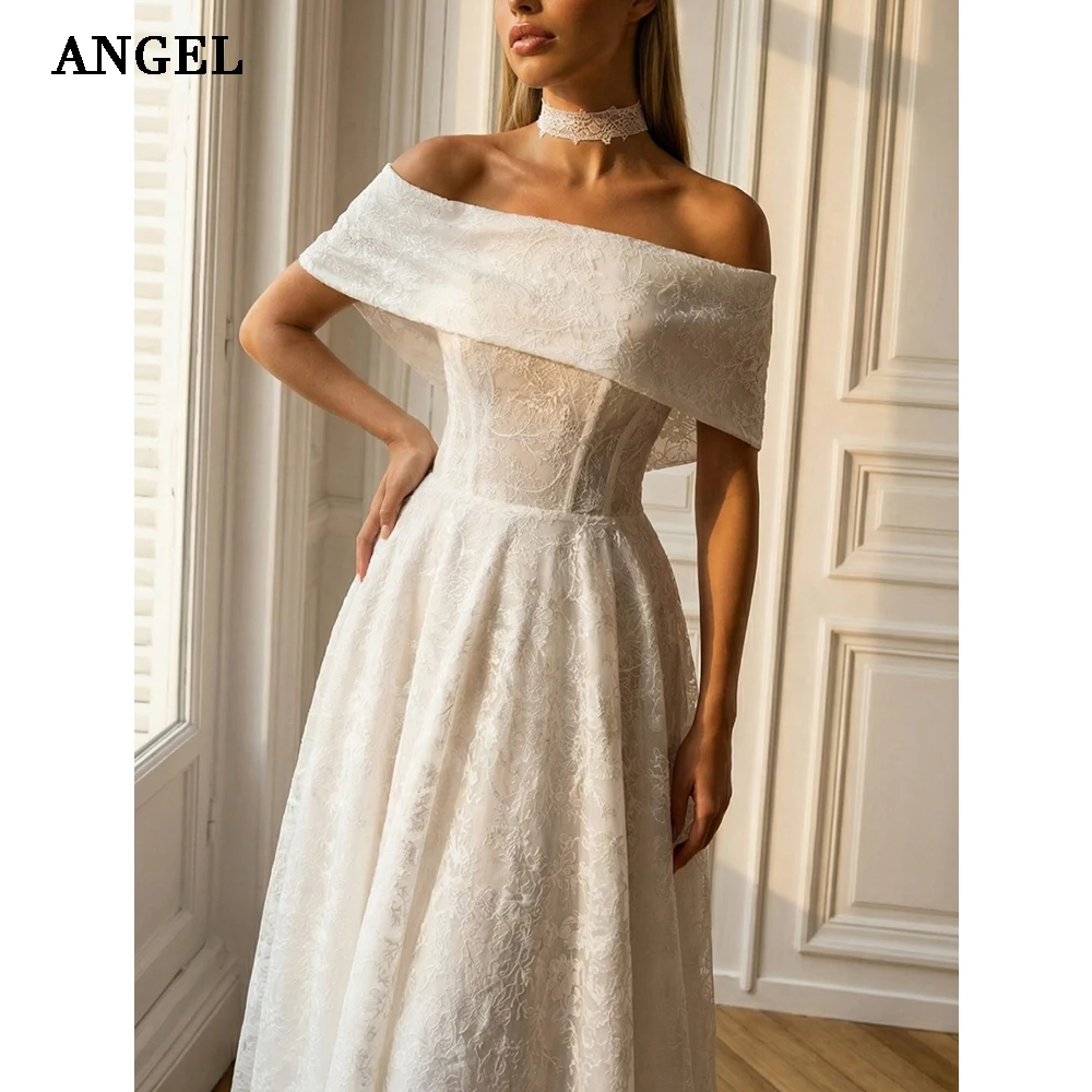 Фото Свадебные платья ANGEL Lace Midi 2026: Элегантное свадебное платье А-силуэта цвета слоновой кости с открытыми плечами, сексуальное, на заказ №2