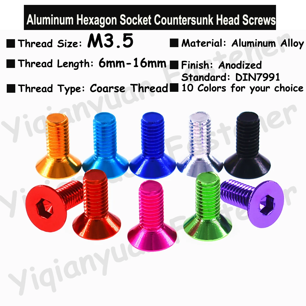 

5Pcs M3.5 DIN7991 Colourful Aluminum Hexagon Socket Countersunk Head Screws Allen Key Screws with Coarse Thread 10 Colors