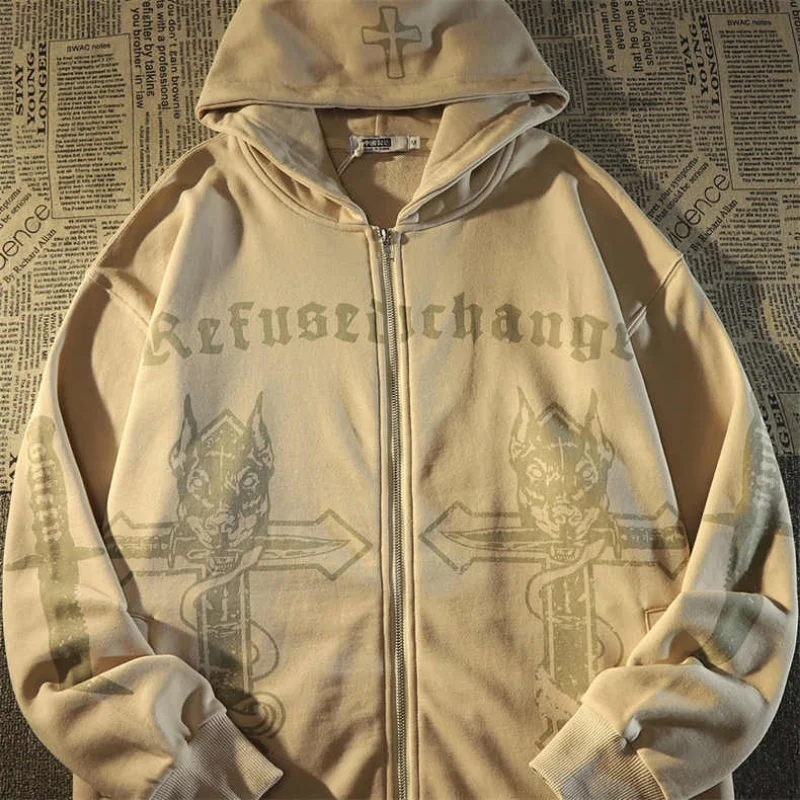 Crossover symmetrical print y2k zip up hoodie2022 autumn winter hip hop cardigan jacket trendy American vintage street style