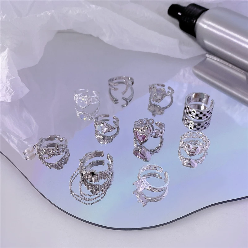

Punk Gothic Geometry Silver Color Crystal Gems Heart Metal Opened Ring For Women Men Girl Bff Party Aesthetic Grunge Y2k Jewelry