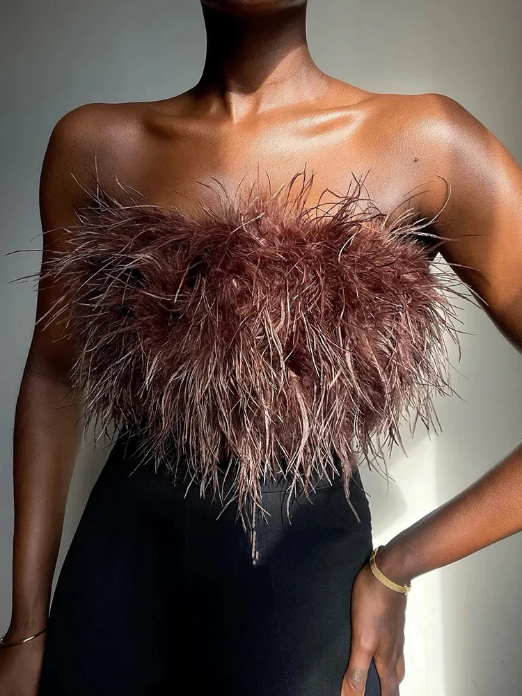 

Ostrich Feather Crop Top Women Summer One Off Shoulder Top Backless Sexy Sleeveless Corset Top Strapless Ladies Croptops Fashion