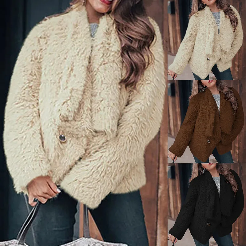 Thick Faux Fur V Neck Collar Plush Overcoat Jackets Women Teddy Jacket Solid Color Button Casual Warm Outerwear Tweed Coat mujer