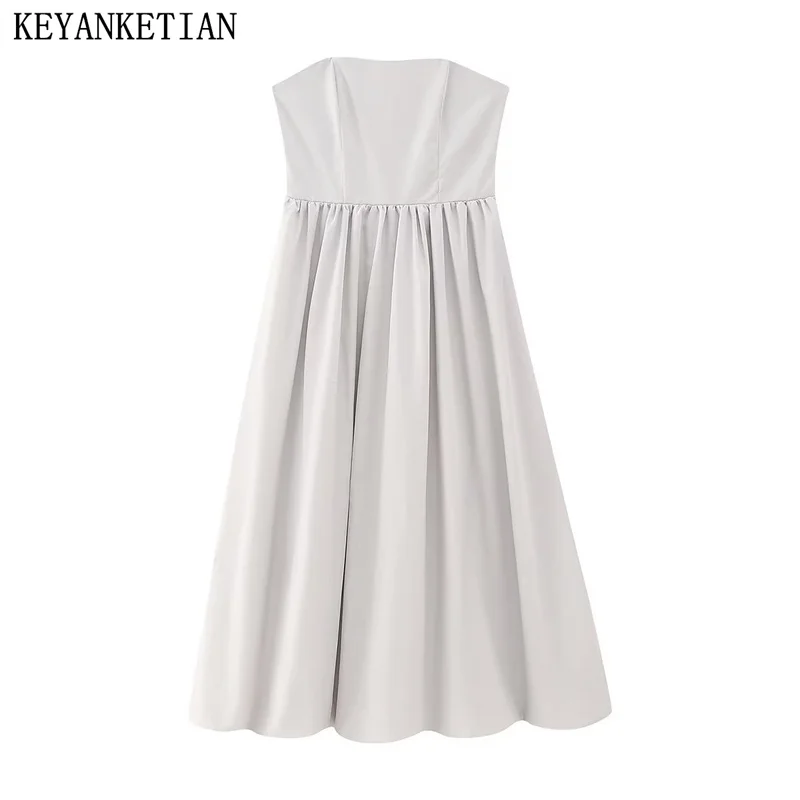 

KEYANKETIAN Summer New Hollowed-Out Backless Wrap Dress Women Light Gray High-Waisted Line Neck Slim-Fit Ankle Skirt Fashion