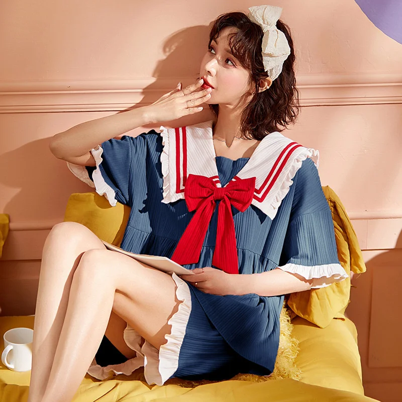 nightgown female summer short sleeve short cotton sweet  lovely women student large spring  autumn home clothes