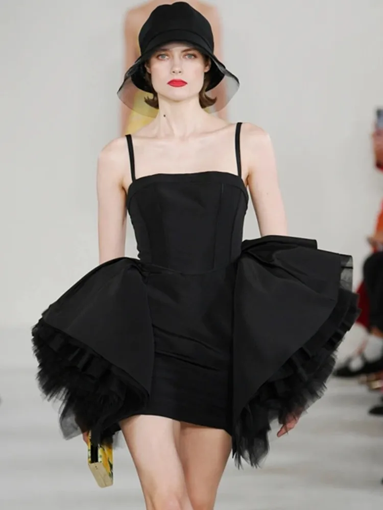 Women Summer Sexy Backless Black Mini Lace Ruffled Puffy Cotton Bodycon Dress 2023 High Street Club Party Dress Vestido