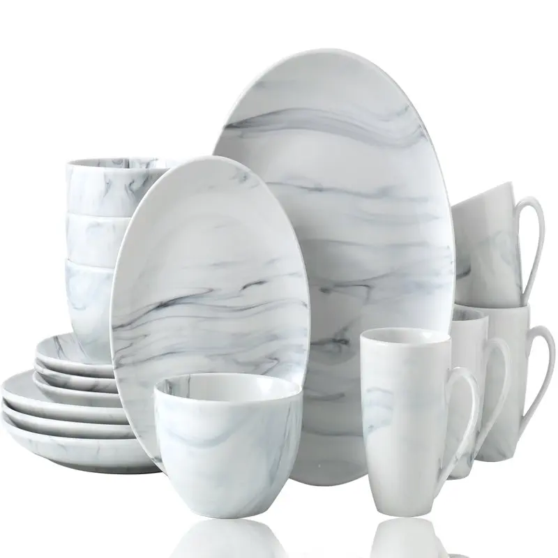 

"Chip-Resistant Porcelain Dinnerware Set for 4, Grey & White Marble Plates, Bowls & Dishes" Jewelry box Trolley cart Storage or