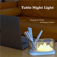 home decor mini table night light usb charging led glowing pen holder tabletop flower vase portable artificial plant pot riq td1