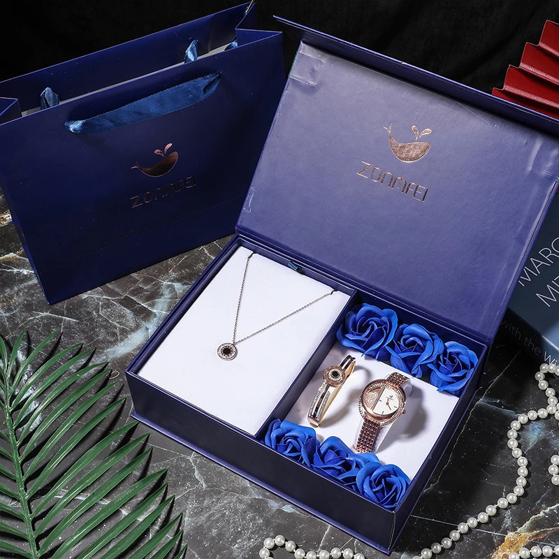 Lover's Gift Box Set Fashion Women's Quartz Watches Diamond Watch Dial+Bracelet+Necklace Stainless Steel Jewelry Gift Set 3Pcs