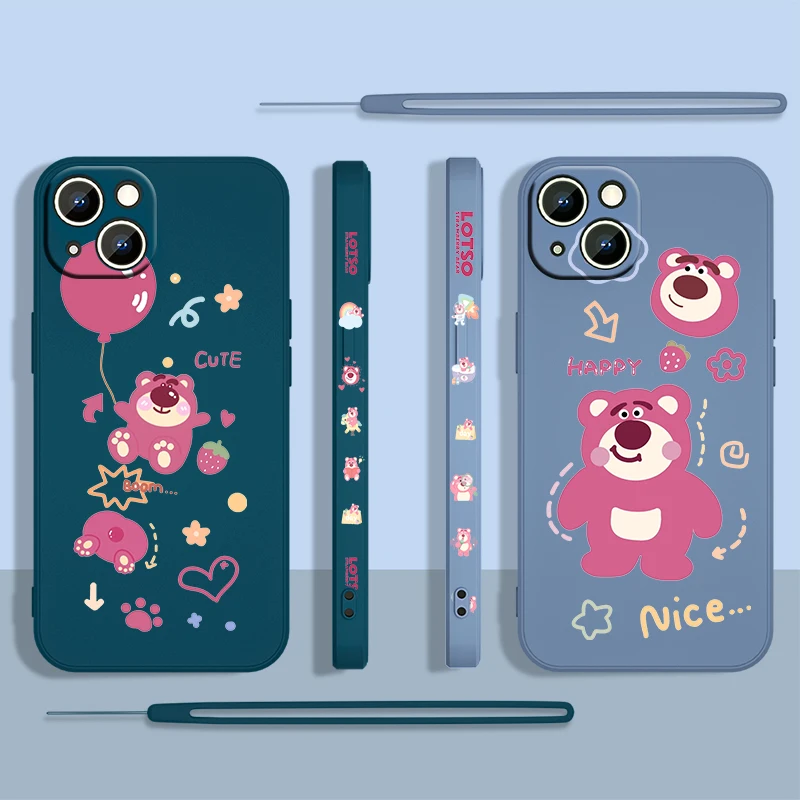 

Anime Cute Strawberry Bear Phone Case For Apple iPhone 14 13 12 Mini 11 Pro XS MAX XR X 8 7 6S SE 5G Plus Liquid Left Rope Coque