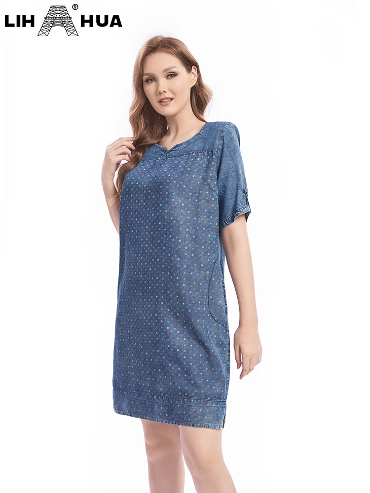 LIH HUA Women's Plus Size Denim Dress Autumn Chic Elegant Dresses For Chubby Women Cotton Woven Dress