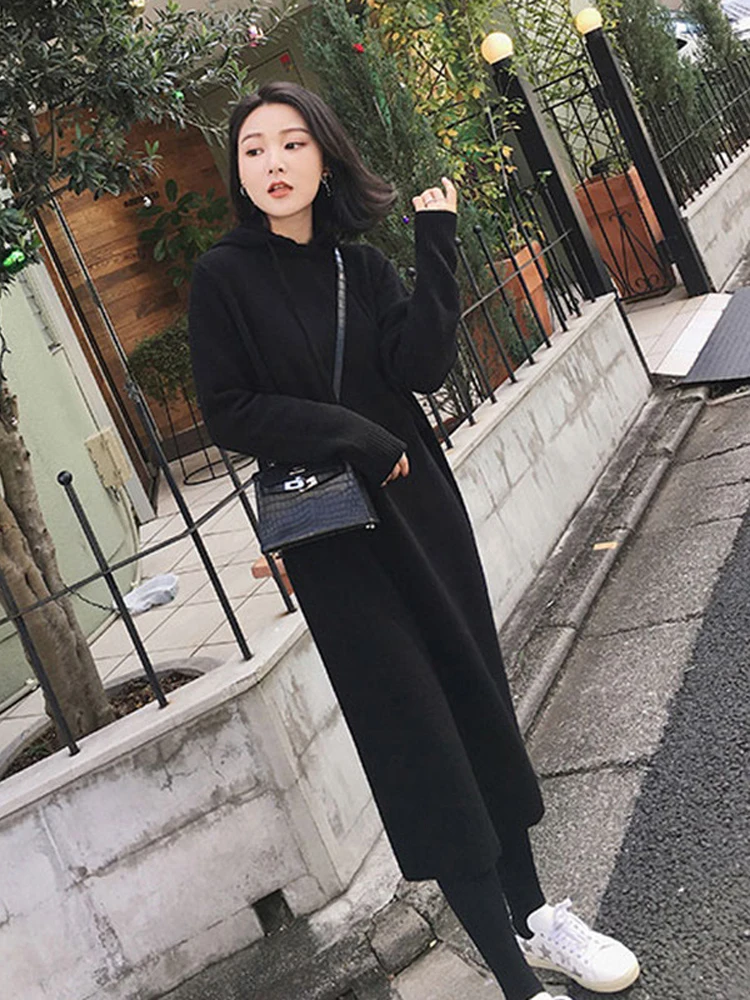 

Autumn Winter Knitted One-piece Dress Medium Length Style With a Hat Loose Sweater Long Sleeve Korean Chic and Elegant Luxury