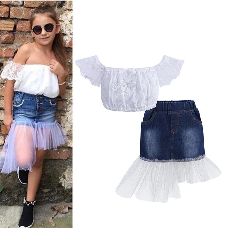 

2022 Kids Girls Summer Clothes Sets Baby Solid Color Tank Tops + Ripped Denim Short skirt Dress Children Outfits 2 3 4 5 6 7Y