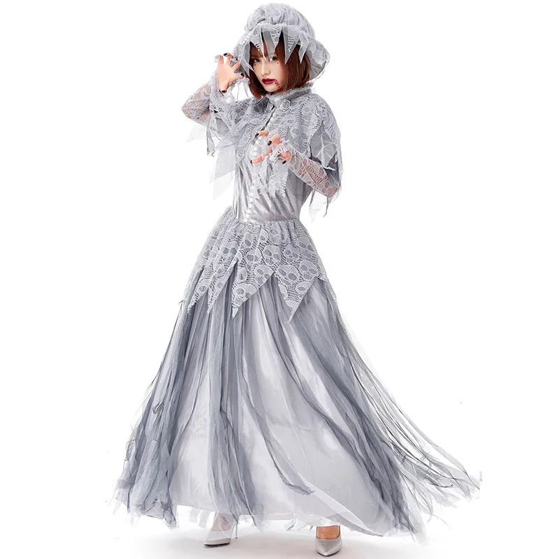 

Adult Women Retro Skull Ghost Bride Zombie Long Dress Gown Lace Mesh Veil Set Halloween Cosplay Costumes Outfit