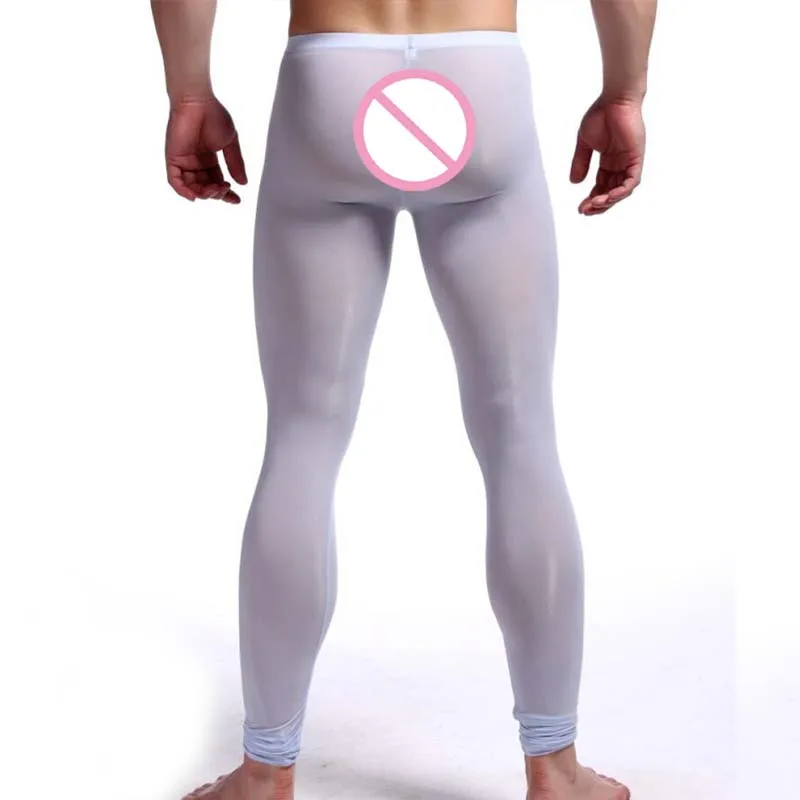 New Men's Sexy Nylon Transparent Long Johns Homme Lce Silk Sheer Leggings Bottoms Gay Spandex Lounge Tights Underwear Homewear