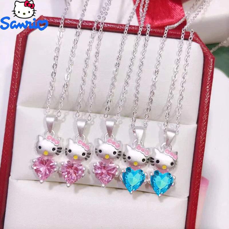 

Cartoon Hello Kitty Necklace Upscale Crystal Sapphire Pendant Cute Anime Sanrio Accessory Adjustable Collarbone Chain Girl Gift