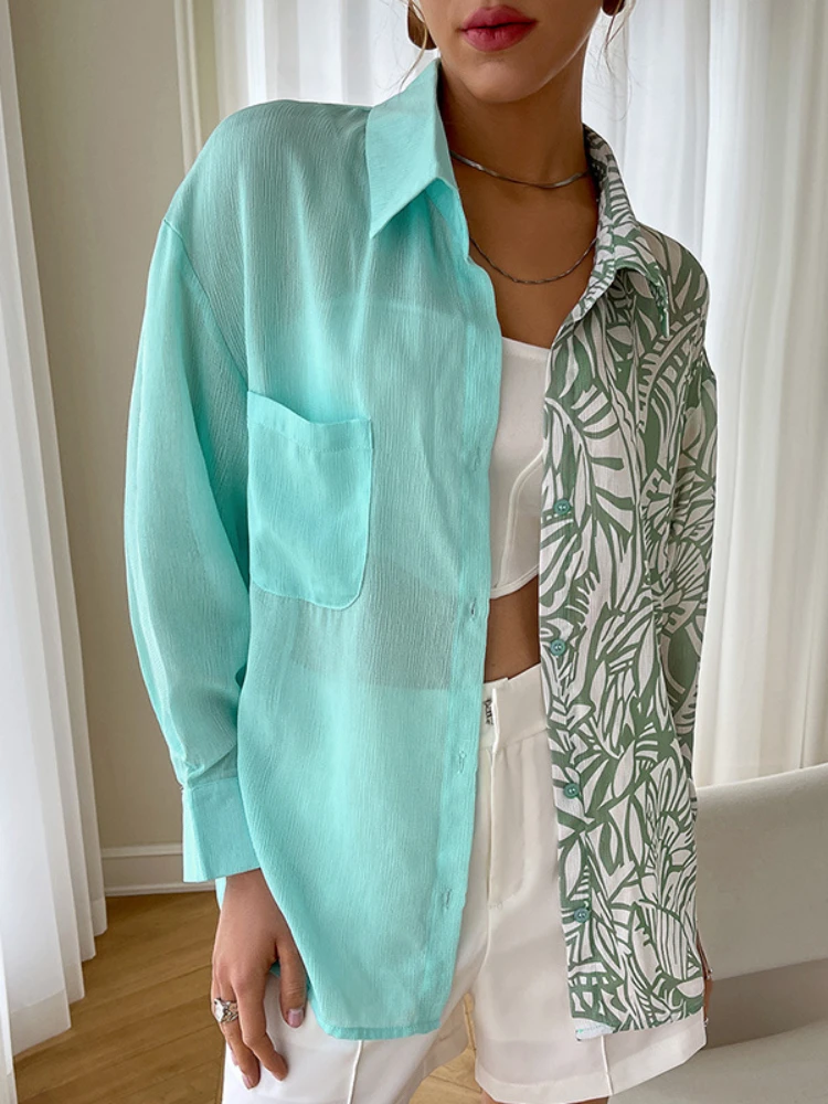 

Spring Summer New Season Splicing Long Sleeved Solid Cotton Cardigan Forest Single Breasted Green Temperament Commuter Leisure