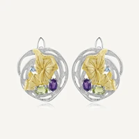 gems ballet real 925 sterling silver natural amethyst peridot earrings handmade lotus pond clip earrings for women fine jewelry