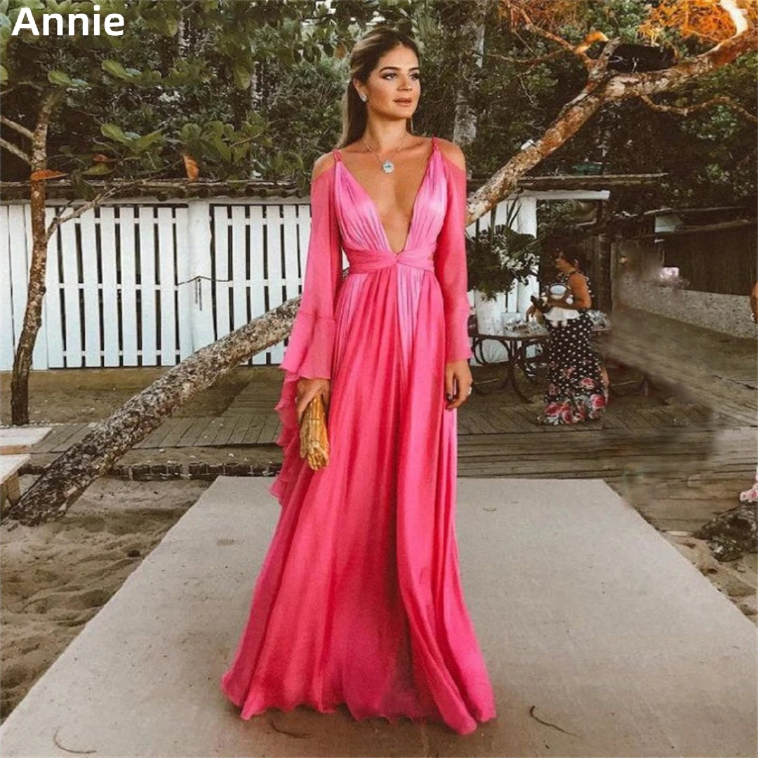 

Annie A-shaped Deep V Prom Dressess Sexy Backless Cocktail Custom Evening Dress Pink Robe فساتين سهره فاخره
