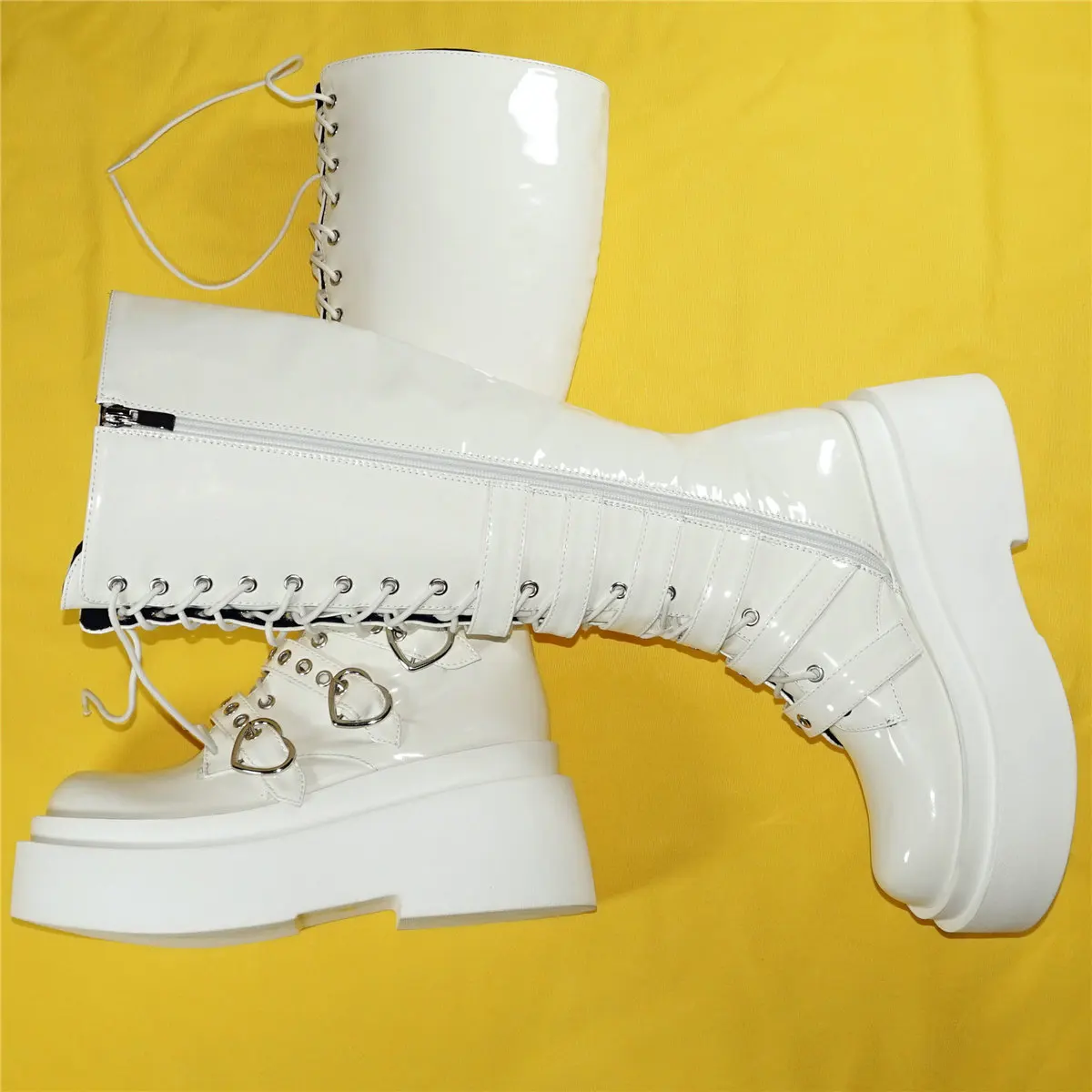 White Fashion Sneakers Women Lace Up Patent Leather High Heel Knee High Boots Female Round Toe Platform Pumps Shoes Casual Shoes