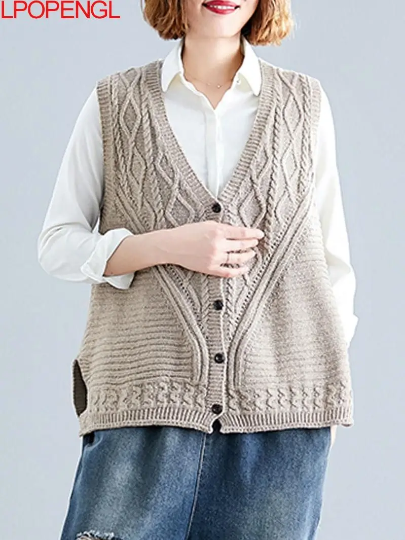 

Single Breasted Women Casual Cotton Thread Knitwear Vest V-neck Sleeveless Pocket Sweater 2022 Autumn New Loose Solid Color Vest