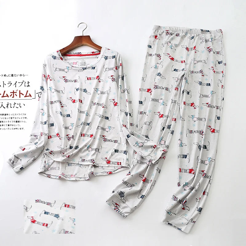 Cotton Pajamas Set Full-Sleeve T-shirt Long Pants 2Piece/Set Autumn Casual Pyjama Big Size Mom Homewear Cozy Plus Sleepwear