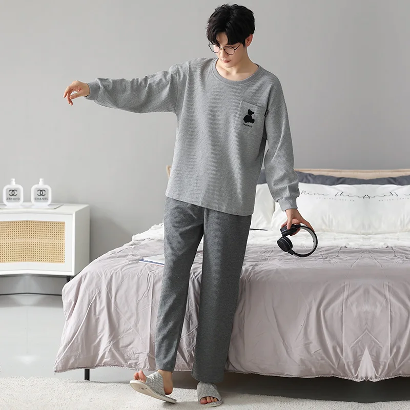 QUHENG Men's Cotton Pajamas Set Long Sleeved Trousers Nightwear Home Wear Suits Simple Fashion Sleepwear for Men Home Clothing