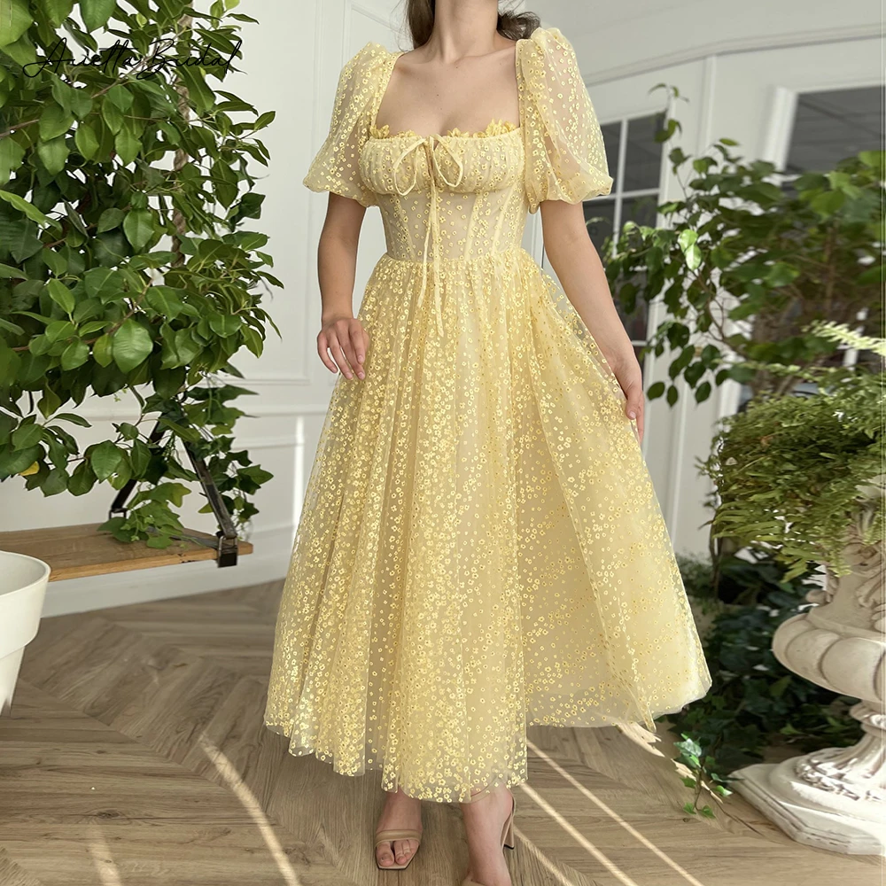 

Arietta Daffodil Floral Tulle A-Line Midi Prom Dresses Square Neckline Short Puff Sleeves Tea-Length Evening Party Gowns 2023