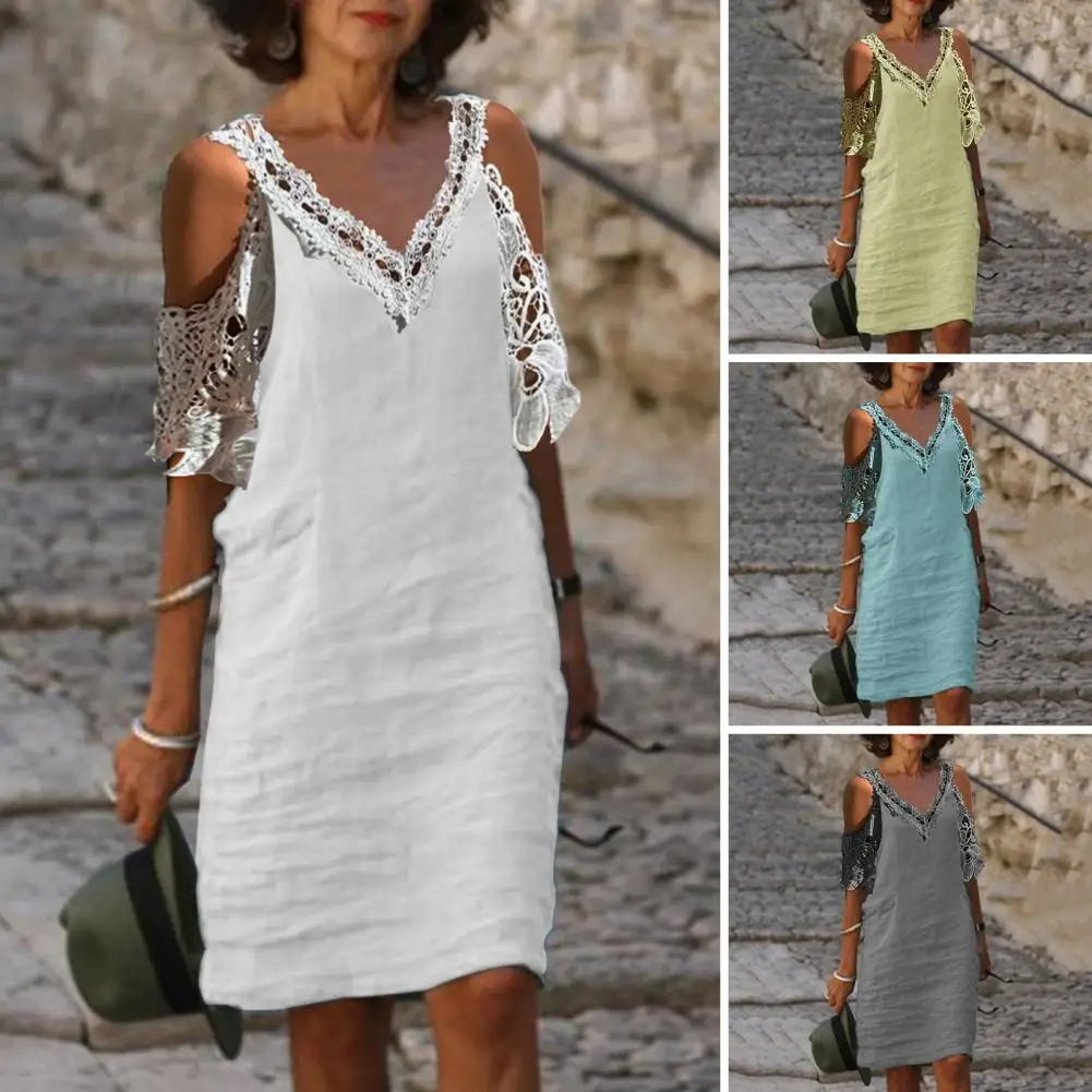 

Women Vintage Solid Color Cotton Linen Party Dress Summer Fashion V-Neck Midi Dress Lady Casual Half Sleeve Loose A-Line Dresses