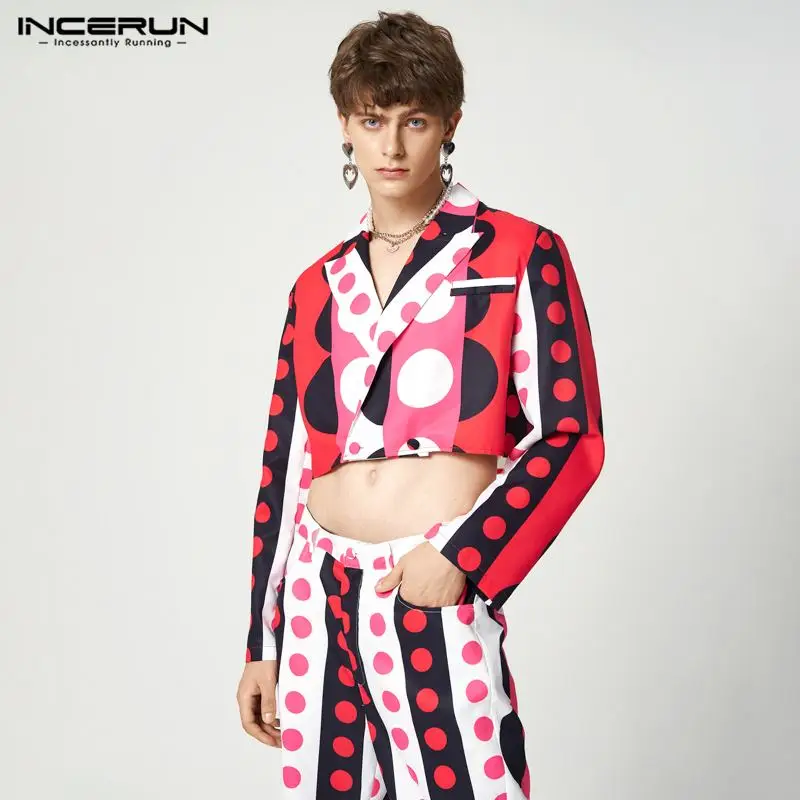 

INCERUN Men Blazer Printing Lapel Long Sleeve Streetwear 2022 Fashion Casual Crop Suits Men Button Personality Thin Coats S-5XL
