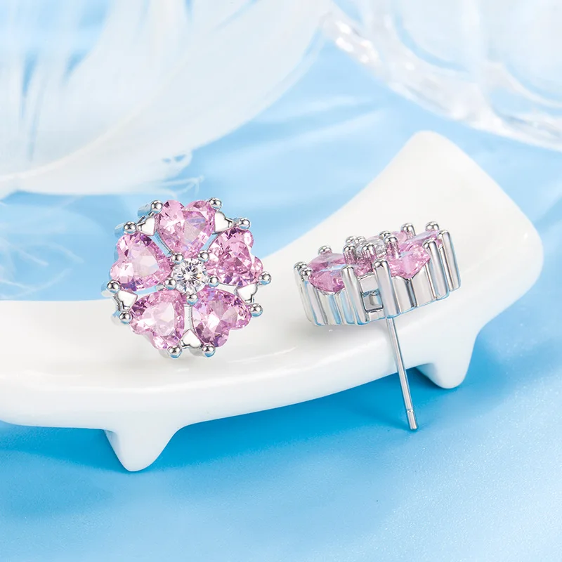 

100% S925 Sterling Silver Pink Crystal Gemstone Earring for Women Silver 925 Jewelry Aros Mujer Oreja Stud Earring Orecchini