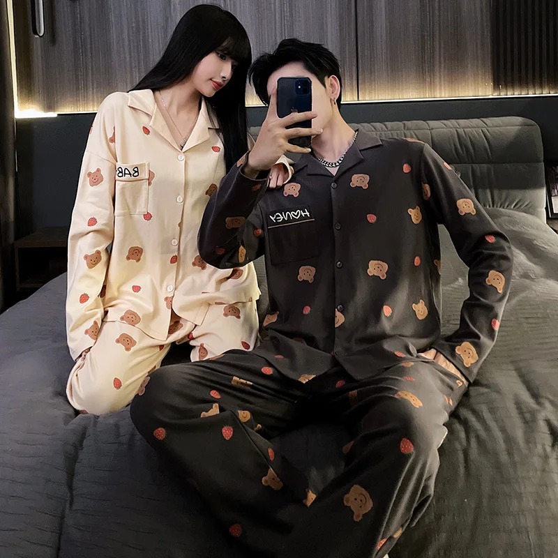 

Пижамный комплект для мужчин и женщин, хлопковые длинные штаны с длинным рукавом, домашняя одежда, осень-зима, хлопковая одежда для сна с отл...