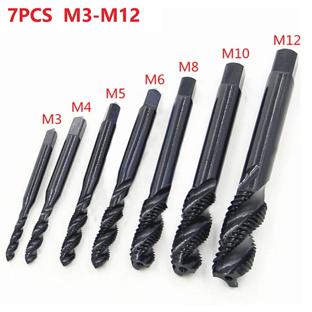 

7pcs HSS Machine Screw Thread Metric Plug Tap Drill Set M3 M4 M5 M6 M8 M10 M12 High Speed Steel Hand Tools Parts Accessories