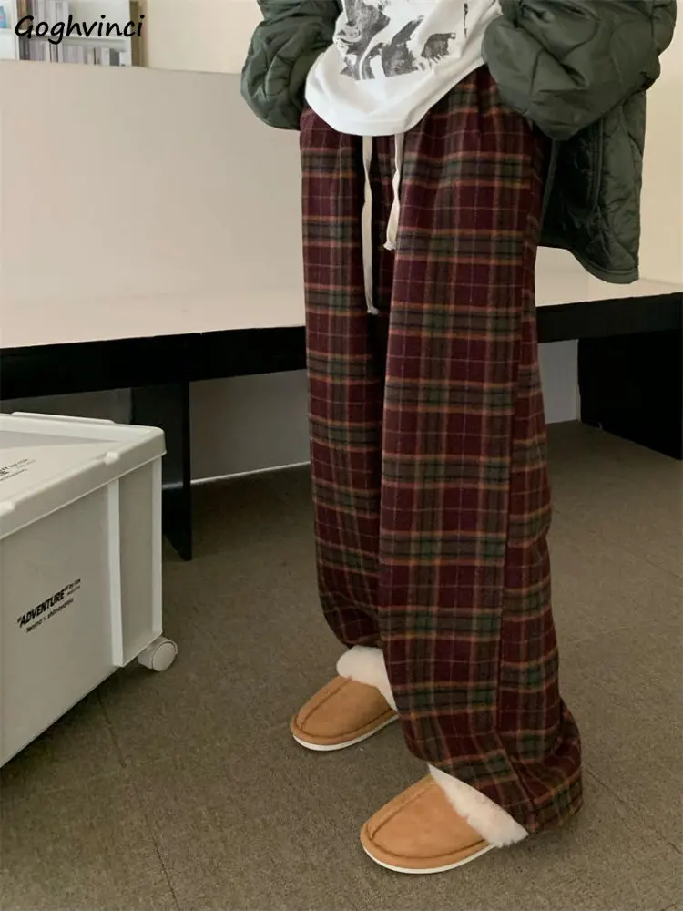 

Брюки женские в клетку, винтажные повседневные утепленные универсальные прямые штаны в Корейском стиле преппи, с завышенной талией, осень