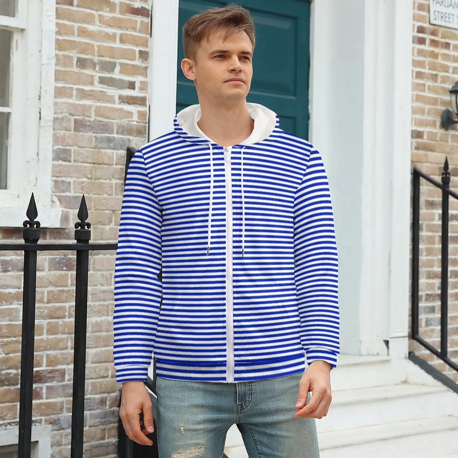 

Retro Nautical Sailor Hoodie Blue and White Stripes Full Print Mens Hoodies Mens Warm Zip Up Hoodie Over Size