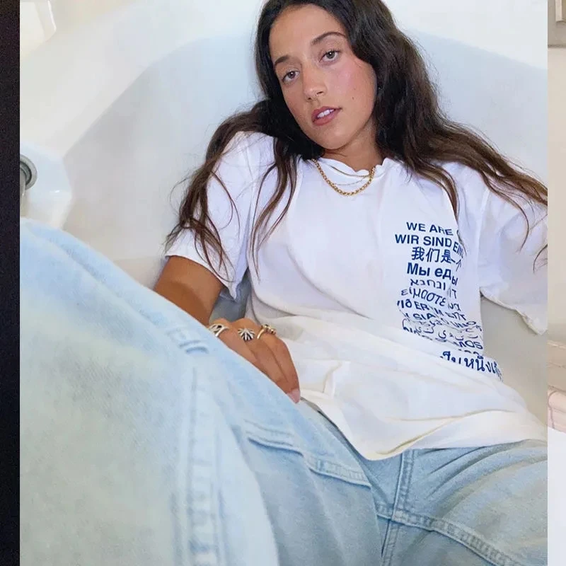 

Retro long blue letter print short-sleeved T-shirt tide ins summer top women 2022 new emo oversized T-shirt y2k women's clothes