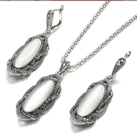 fashion boho white stone necklace earrings set tibetan silver mosaic black crystal big oval opal for women vintage jewelry gift