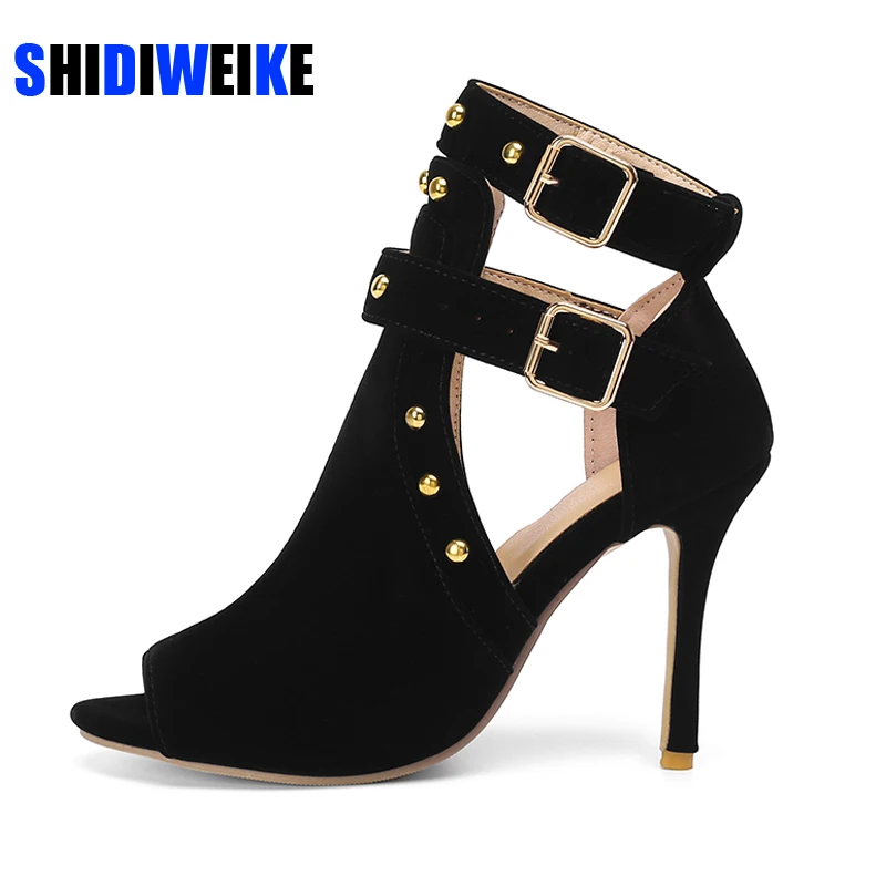 

Туфли на высоком каблуке с открытым носком; Женские сандалии-гладиаторы с вырезами и пряжкой; Летние модельные туфли на тонком каблуке; Крас...