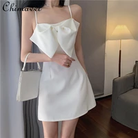 simple fashion solid color high waist slimming strap dress ladies 2022 new summer bow short a line dress for women