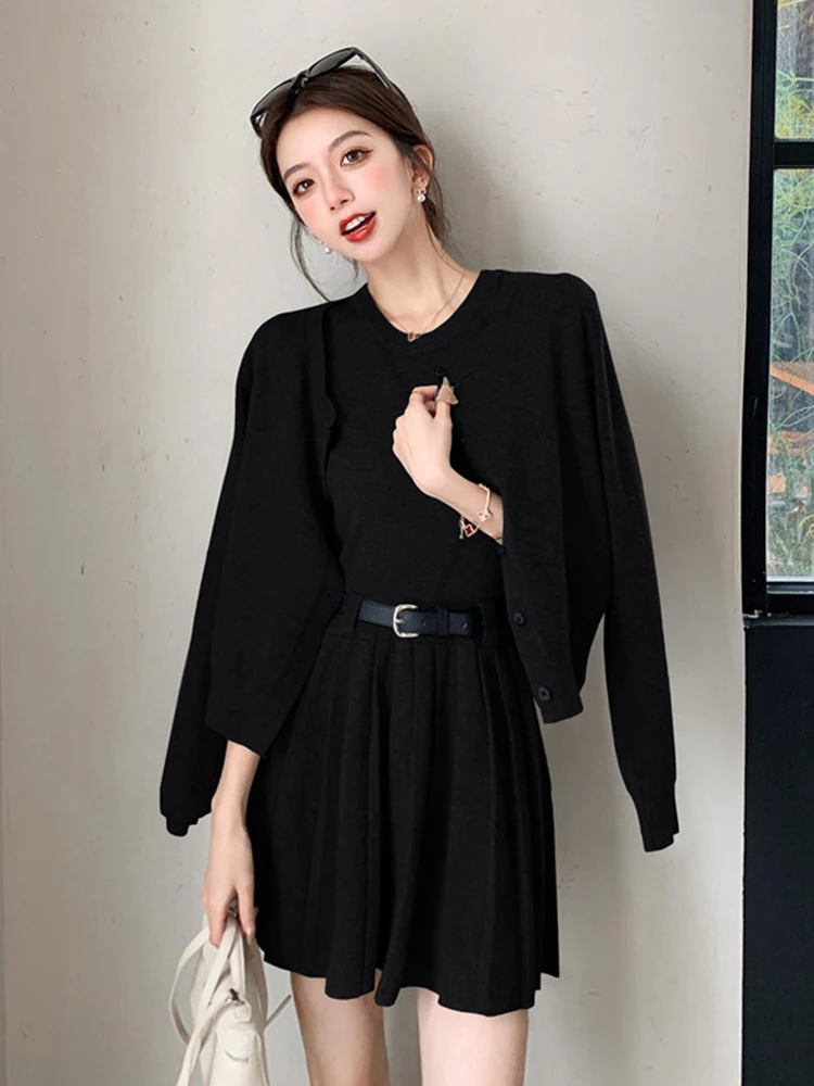 Повседневный стиль вязаная одежда из двух предметов женская черный серый жилет