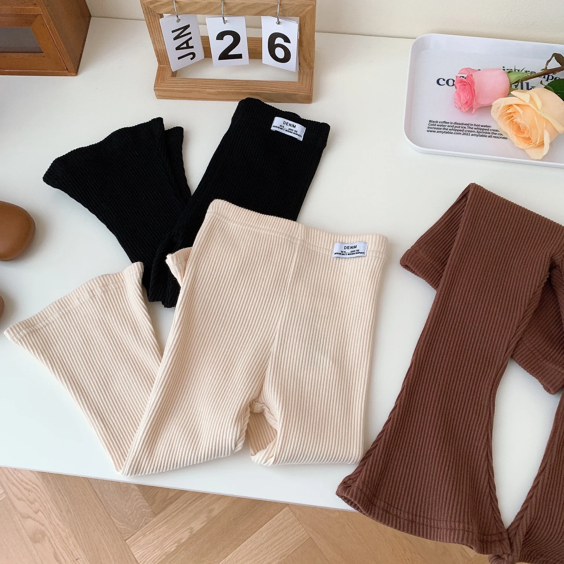 

2023 Spring Kids Pants Girls Solid Color Elastic Flared Trousers Baby Girl 3 Colors Boot Cut