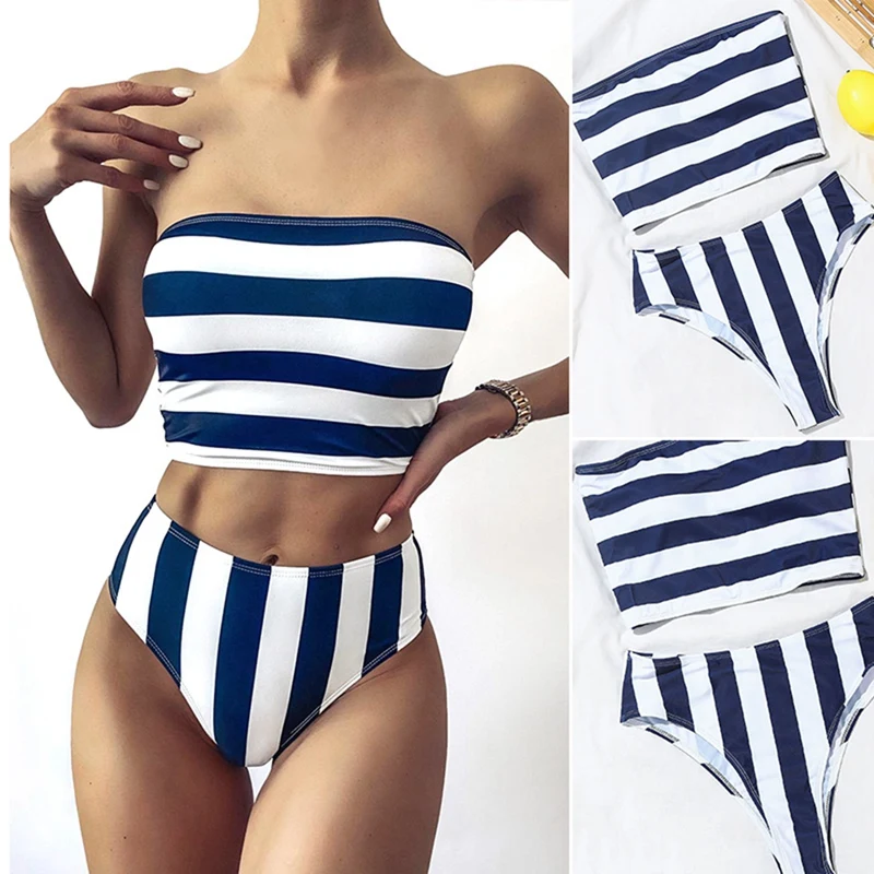 

Stripe 2 Piece Women Sexy Bikini Set High Waisted Bikini