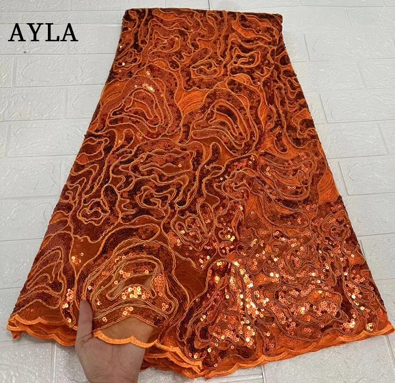 

Latest Nigerian Burnt Orange Lace Fabrics With Sequence African Sequins Lace Cord Fabric Soft Material For Wedding Party 5 Yards