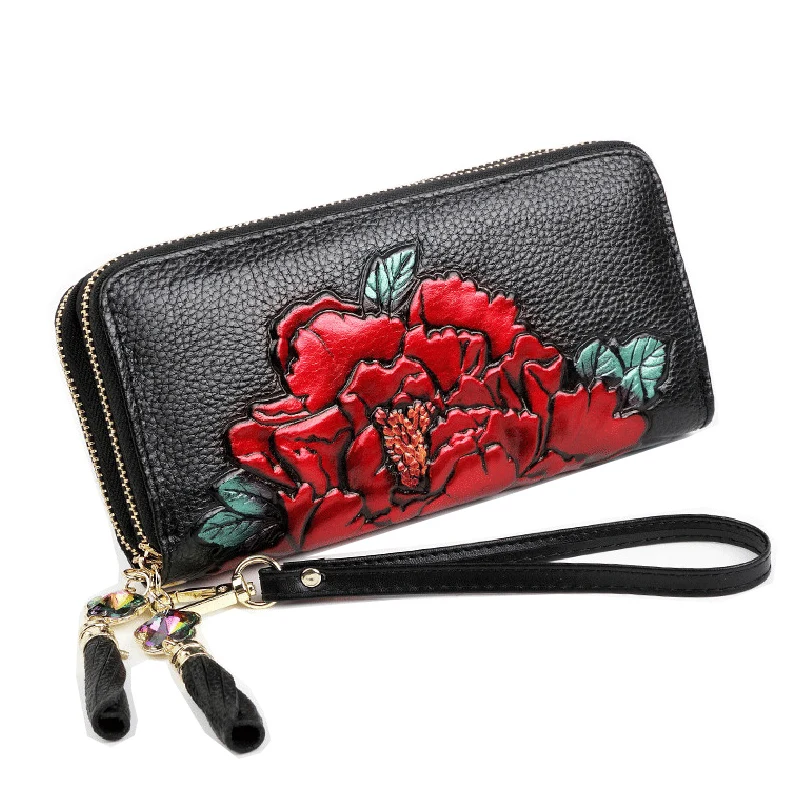 2023 New Genuine Leather Wallet Women Double Zipper Ladies Leather Purse Large Floral Pattern Female Clutch Bag