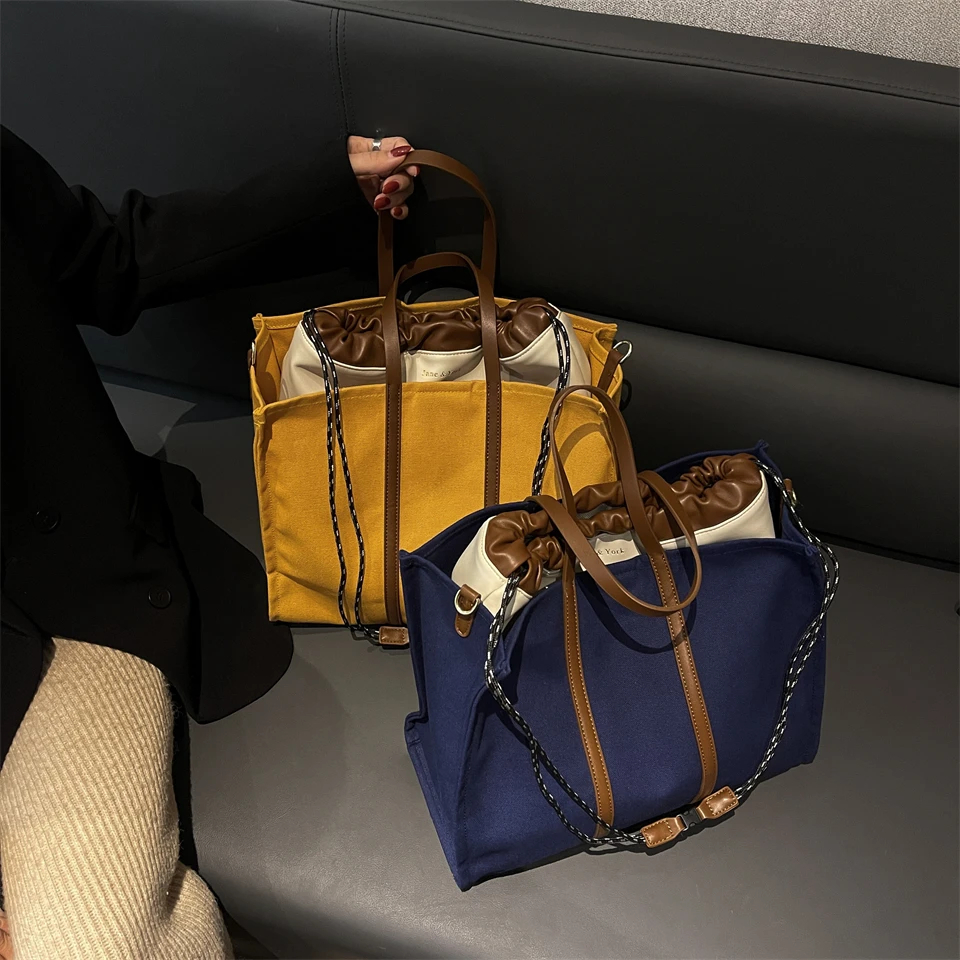Women Drawstring Canvas Tote Bags Splicing Single Shoulder Bag Handbag Composite Bag Fashion Large Capacity