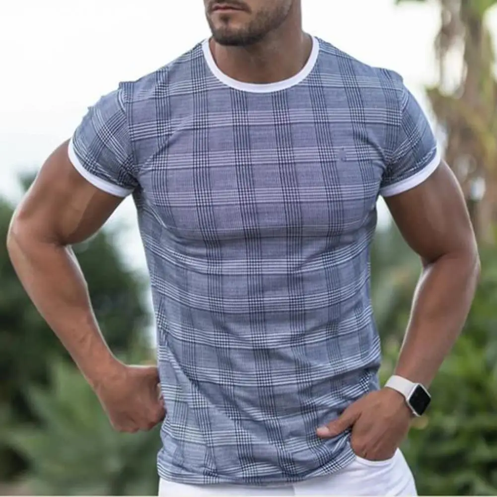 

Trendy Fashion T-shirt O Neck Top Plaid Short Sleeve T-shirt Men Men Top for School
