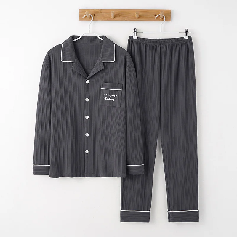 pajamas men's knitted pure cotton spring autumn winter long sleeve pure color casual atmosphere cardigan lapel home clothes