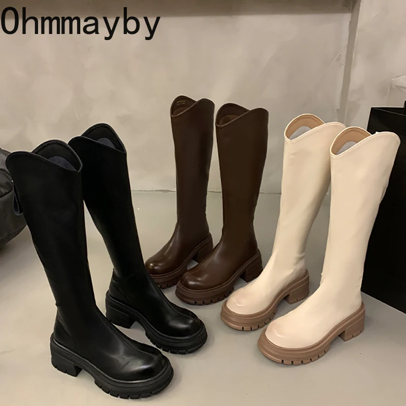 

Winter Women Platform Knight Boots Fashion Round Toe Back Zippers Ladies Elegant Long Boot Thick Bottom Knee High Bootties