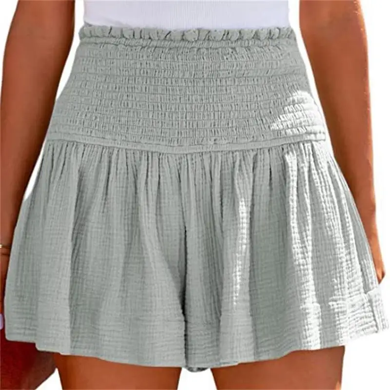 New Casual Comfortable Pleated Shorts Women's Ruffle Pure Color Beachwear Loose High Elastic Waist Wide Leg A-Line Shorts Skirts