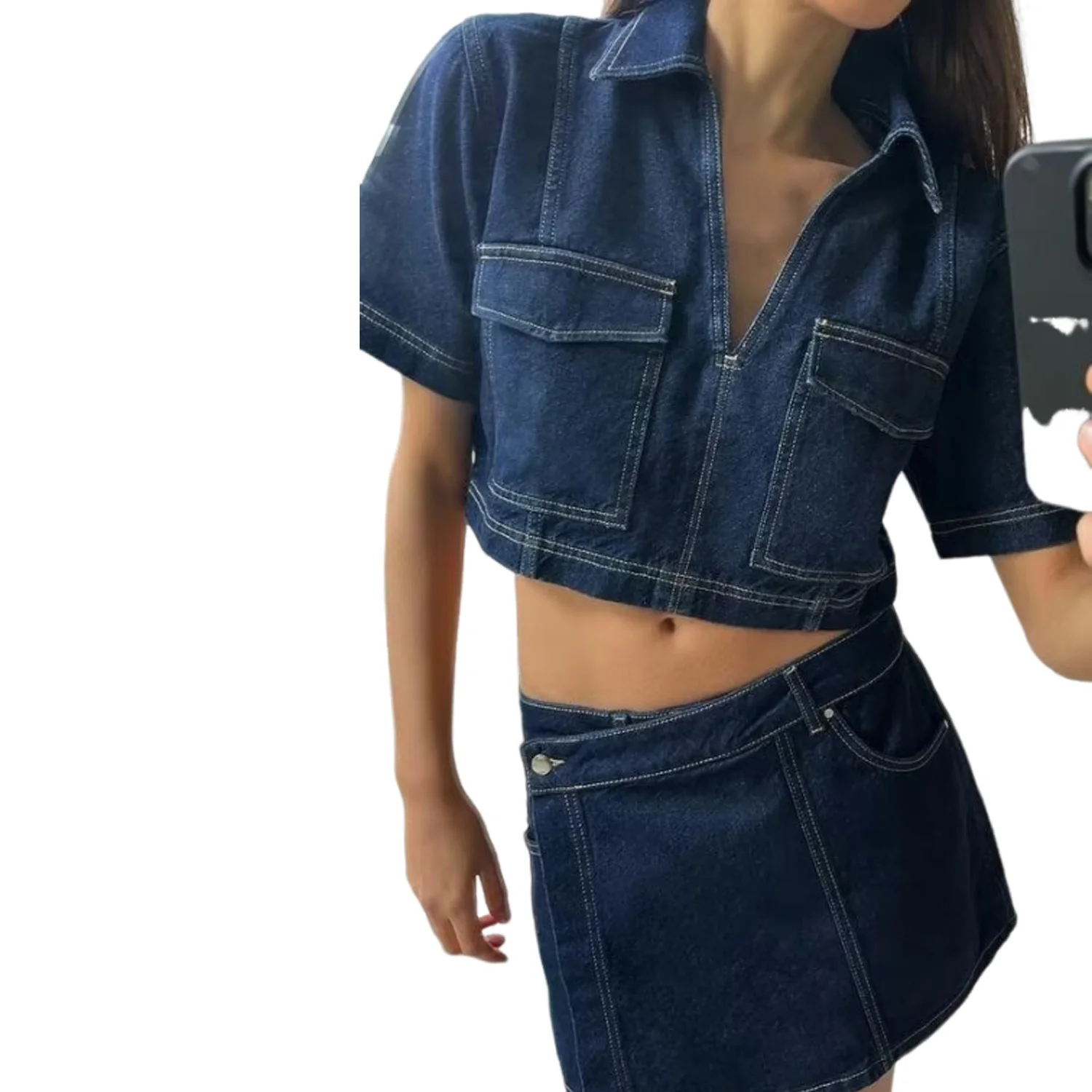 Женская джинсовая рубашка стильный топ с коротким рукавом повседневная