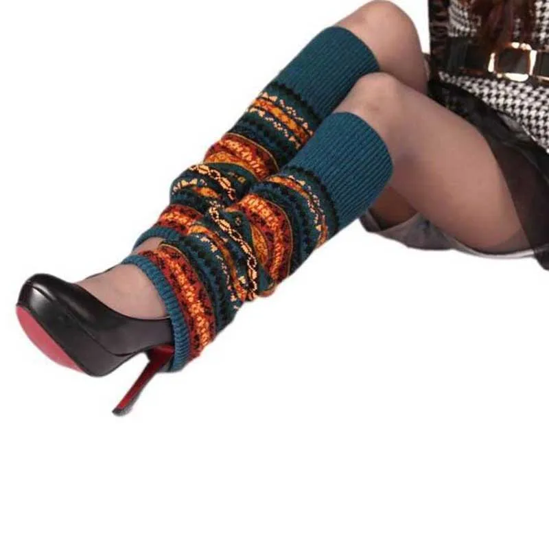 Women's Over Knee Warm Boots Leggings Autumn and Winter Camouflage Bohemia Leg Warmers Knit Crochet Knitted Wool Warm Socks